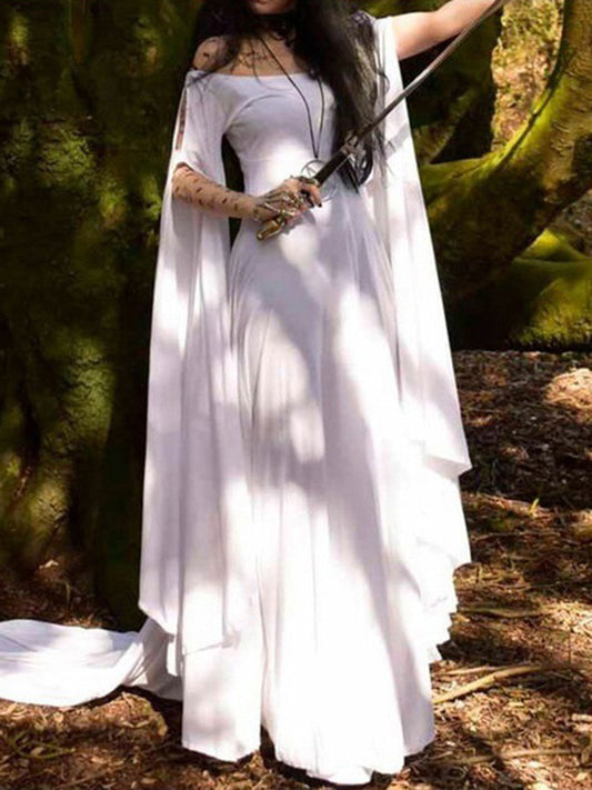 Long Sleeve Crewneck Neck Waist Solid Color Maxi Dress