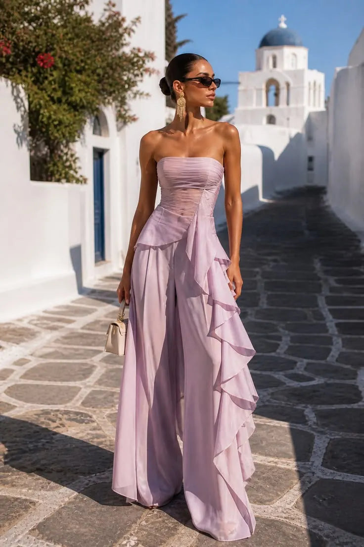 Ruched Strapless Top And Ruffled Wide-Leg Pants Set