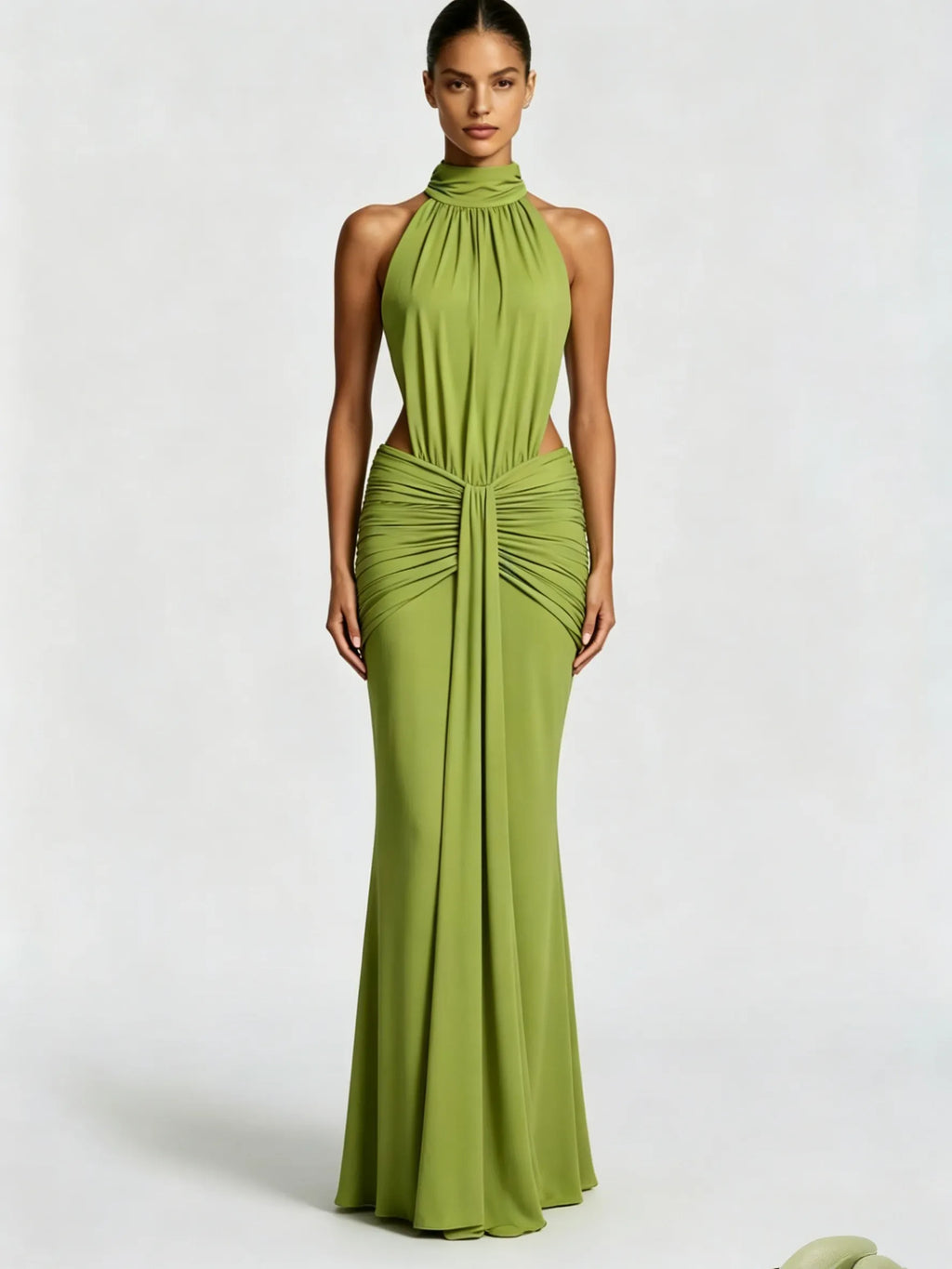Halter Cutout Ruched Waist Mermaid Maxi Evening Dress