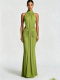 Halter Cutout Ruched Waist Mermaid Maxi Evening Dress