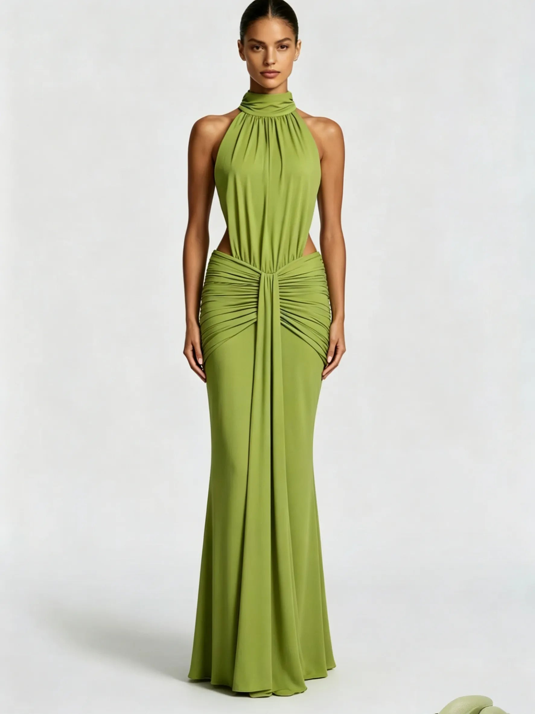 Halter Cutout Ruched Waist Mermaid Maxi Evening Dress