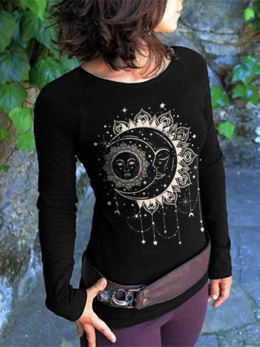 Western Moon Sun Print Round Neck Long Sleeve T-Shirt