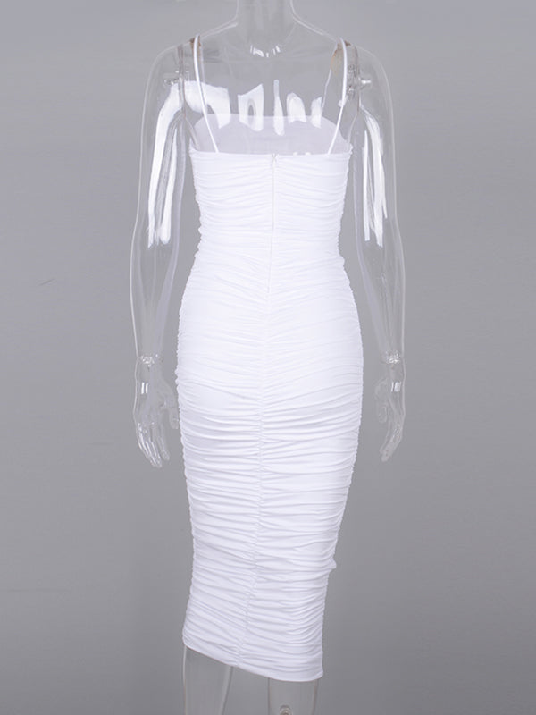 White Spaghetti Strap Bandeau Backless Ruffle Bodycon Cute Baby Shower Maternity Midi Dress