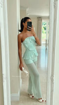 Pleated Fan Detail Strapless Top And Sheer Pants Set