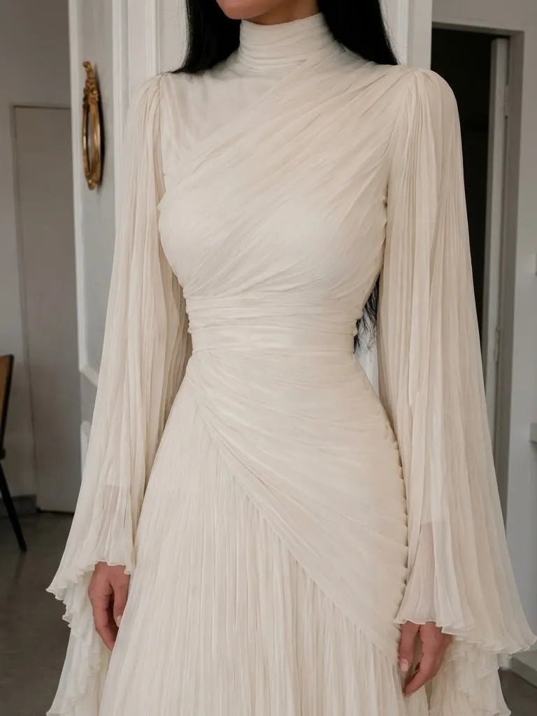 High Neck Ruched Pleated Balloon Sleeve Maxi Dress