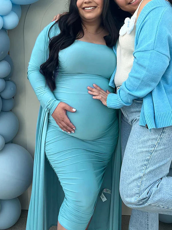 Bandeau Ruched Two Piece Bodycon Gender Reveal Party Babyshower Maternity Midi Dress