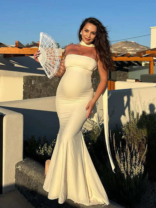 Ivory White Bandeau Strapless Mermaid Dress With Scarf Cocktail Maternity Maxi Dress