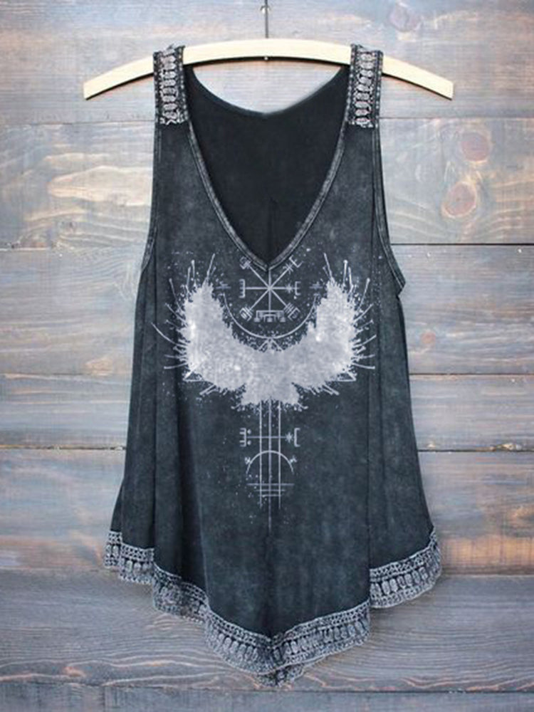 Retro Distressed Eagle Viking Pattern Printed Tank Top