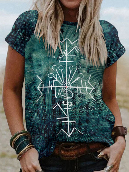 Tribal Totem Tie Dye Printed Round Neck Short Sleeved T-Shirt