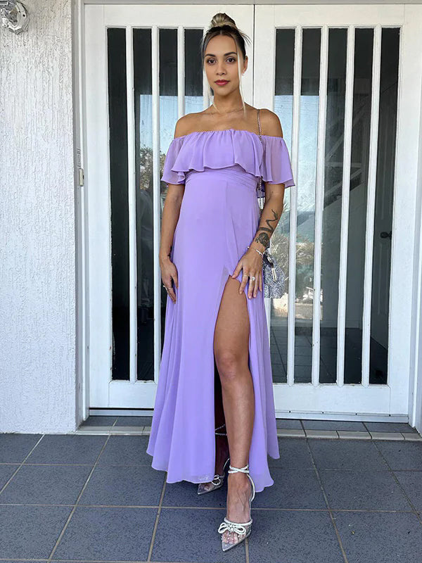 Flowy Chiffon Off Shoulder Ruffle Falbala Side Slit Big Swing Elegant Evening Gown Maternity Photoshoot Baby Shower Maxi Dress