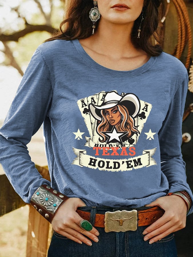 Women's Country Music Texas Hold 'Em Queen B Beyhive Cowgirl Casual Long-Sleeve T-Shirt