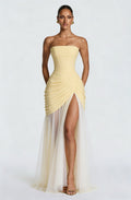 Butter Yellow Strapless Ruched High-Slit Tulle Maxi Gown