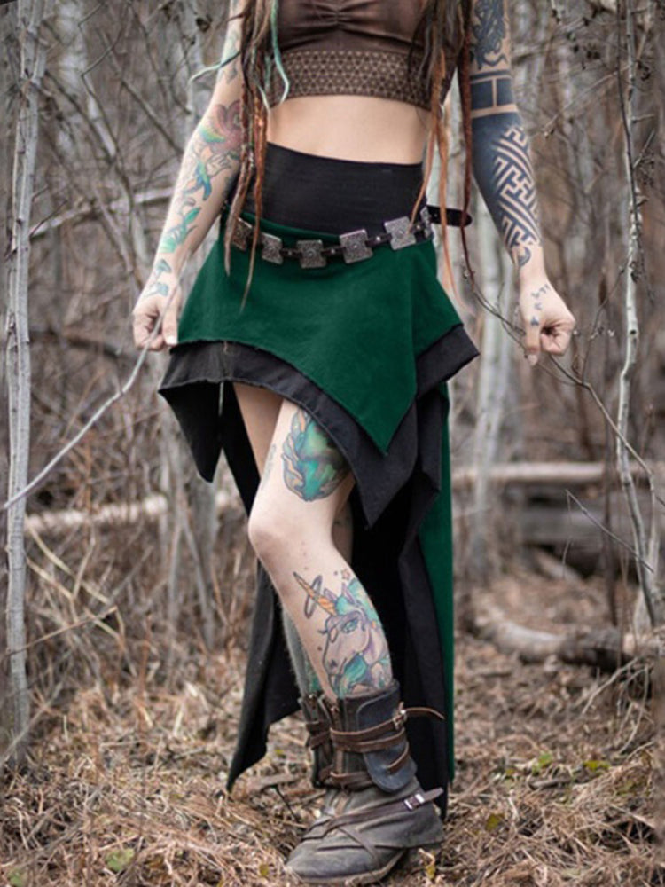 Steampunk High Waist Stitched Double Skirt Medieval Retro Elf Skirt