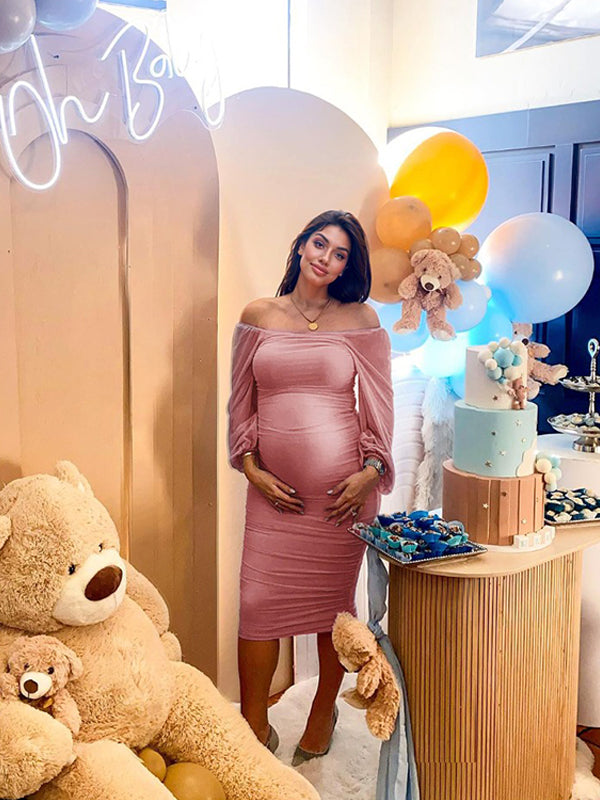 Mesh Ruched Off Shoulder Lantern Sleeve Square Neck Bodycon Elegant Party Maternity Photoshoot Baby Shower Midi Dress