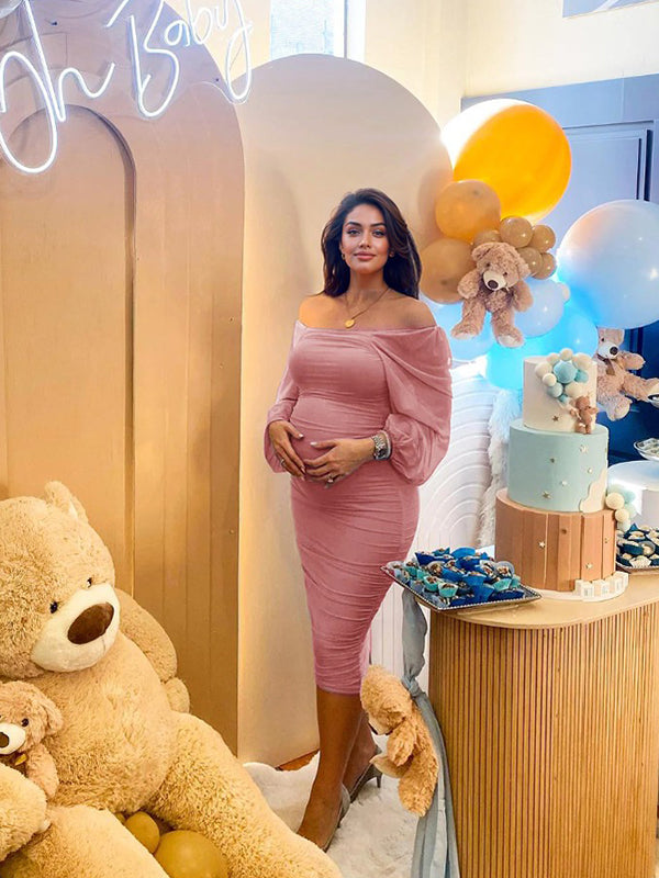 Mesh Ruched Off Shoulder Lantern Sleeve Square Neck Bodycon Elegant Party Maternity Photoshoot Baby Shower Midi Dress