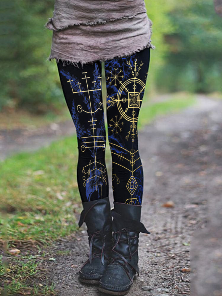 Vikings Floral Tribal Totem Text Print Retro Leggings