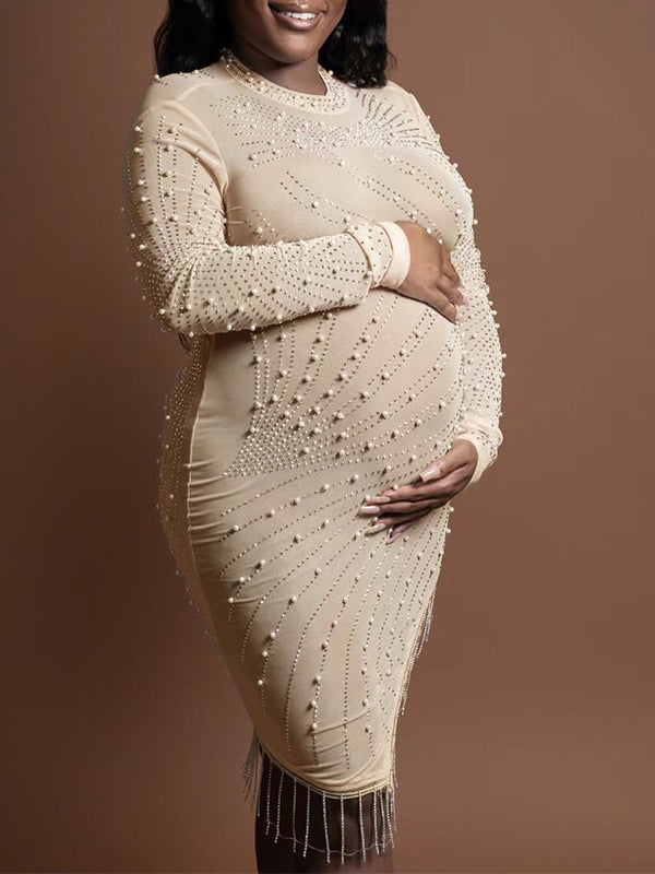 Apricot Diamonds Mesh Rhinestone Tassel Side Slit High Neck Sheer Elegant Maternity Photoshoot Midi Dress