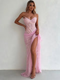 Blush Pink Lace Corset High-Slit Evening Gown
