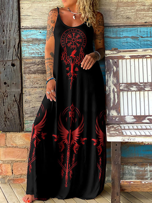 Viking Totem Print Contrasting Colors Suspender Maxi Dress