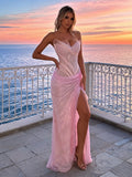 Blush Pink Lace Corset High-Slit Evening Gown