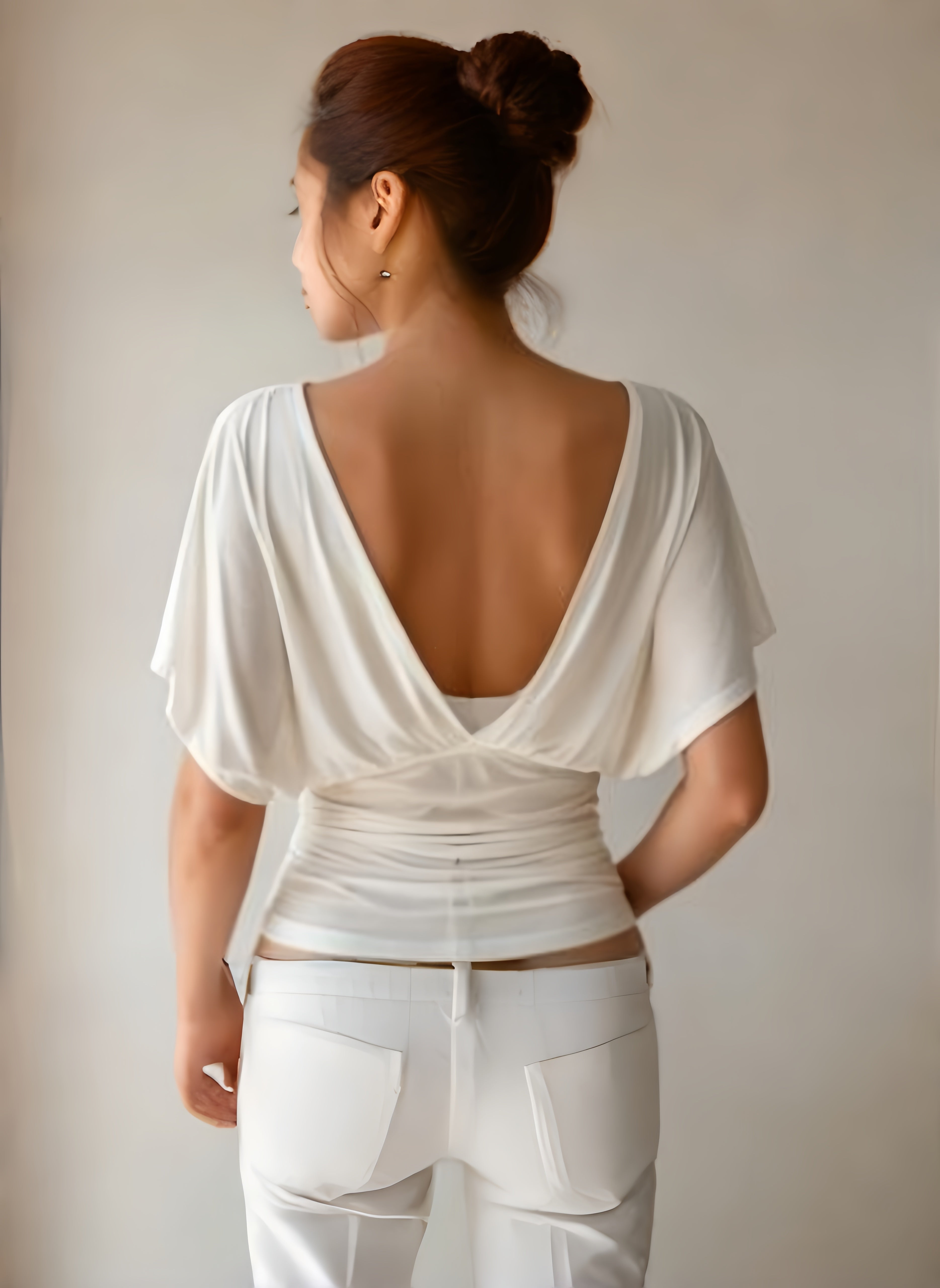 White Deep V-Neck Ruched Crop Top