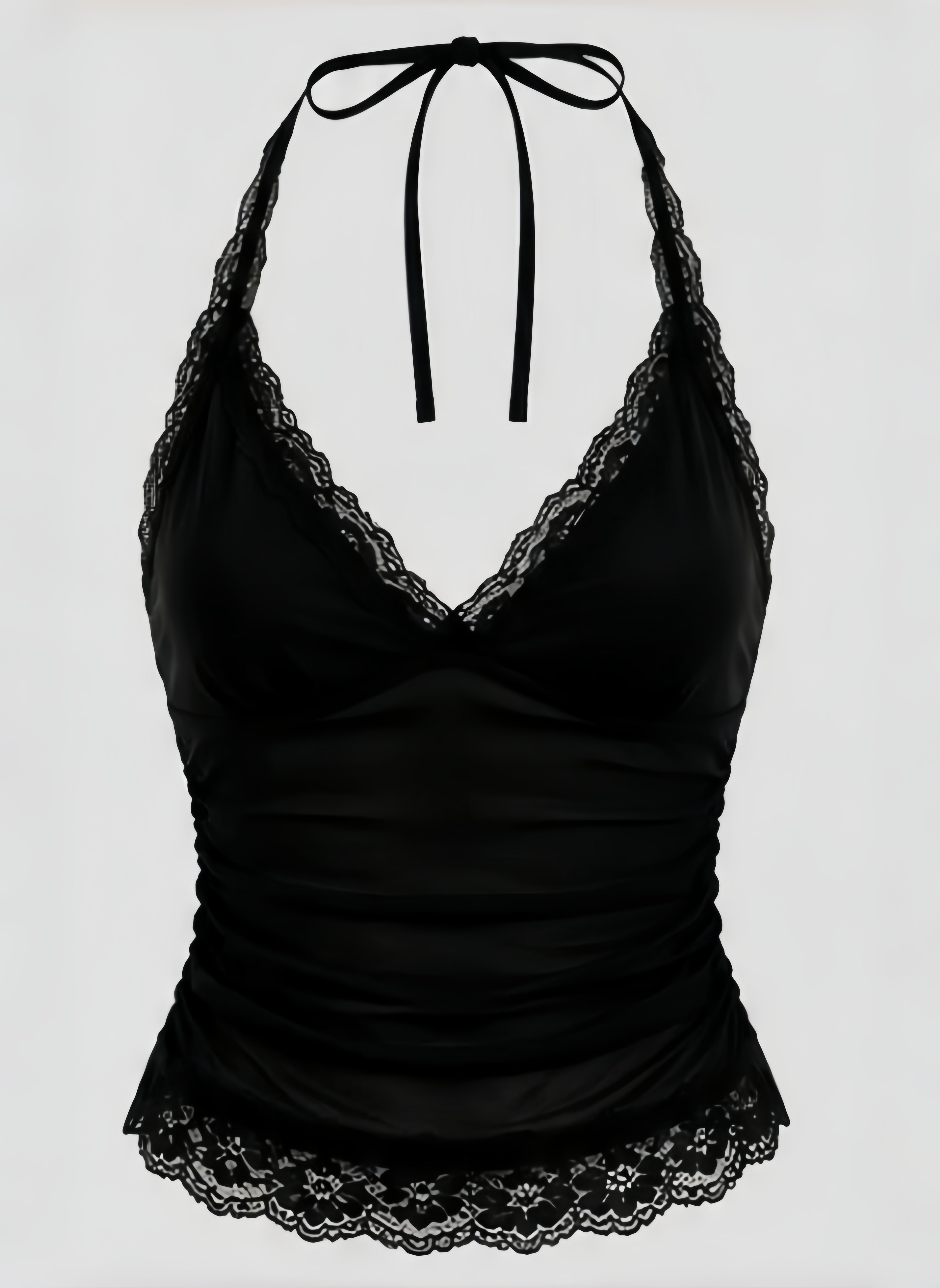 Black Halter Lace Trim Crop Top