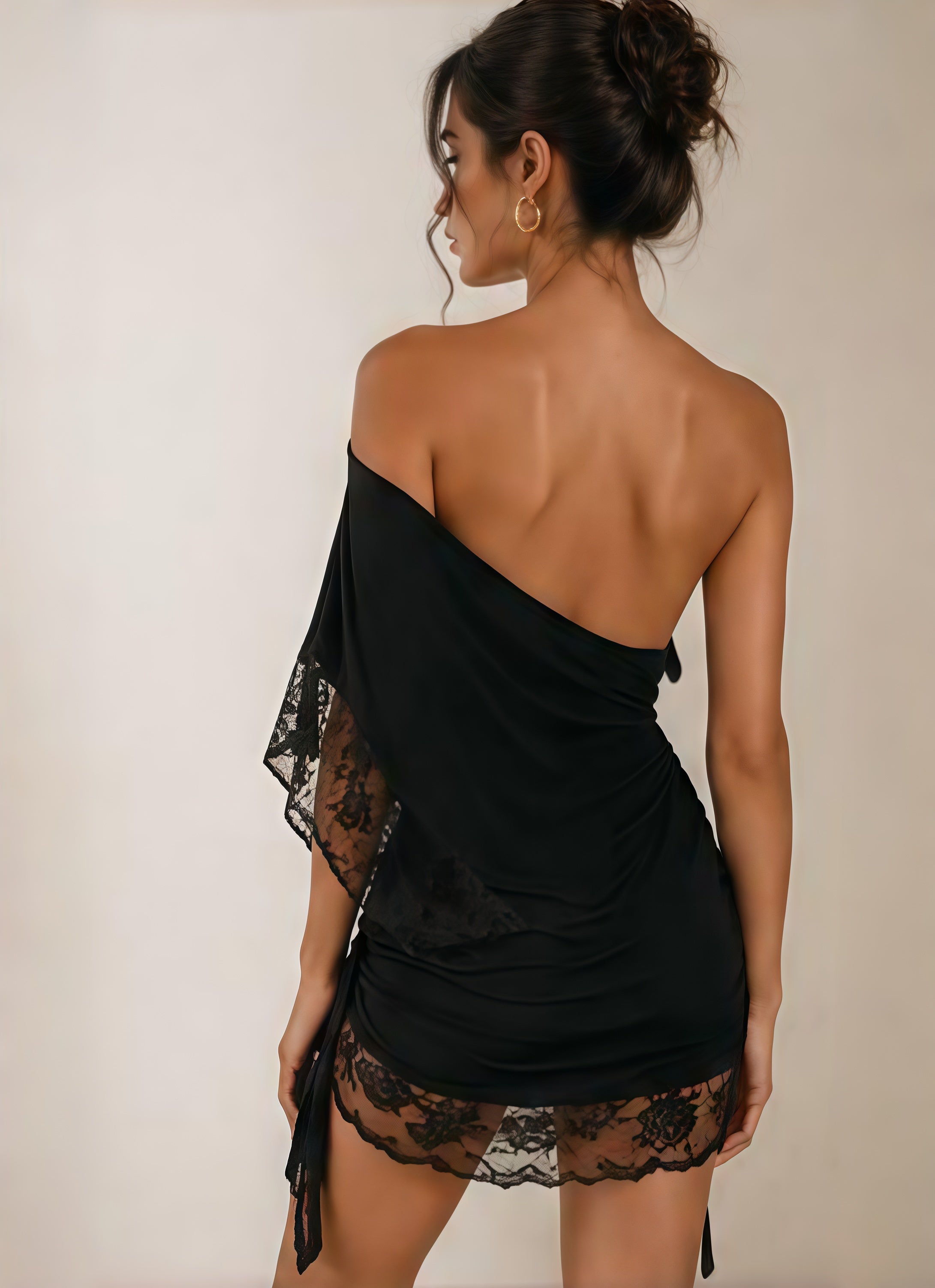 Black One-Shoulder Lace Mini Dress