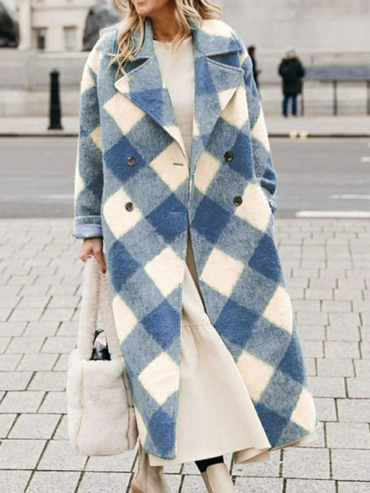 Women's Retro Contrast Blue Plaid Design Loose Coat Jacket