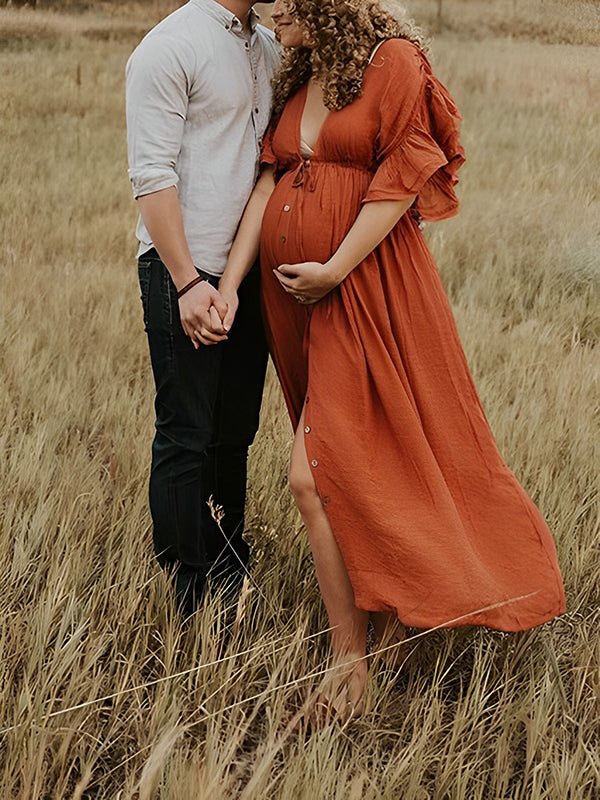 Single Breasted Drawstring Ruffle Tie Back Red Maternity Photoshoot Maxi Dress