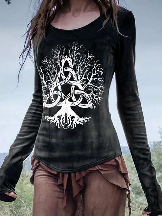 Viking God Tree Print Long Sleeve T-Shirt