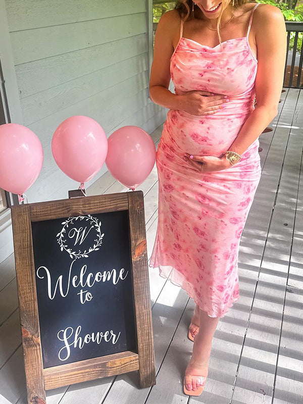 Pink Floral Tulle Ruched Bodycon Cute Gender Reveal Baby Shower Maternity Midi Dress