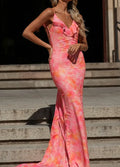 Women Spaghetti Strap Ruffle Open Back Ruched Abstract Print Mermaid Maxi Gown