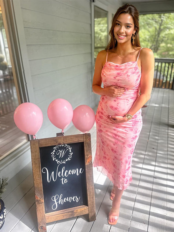 Pink Floral Tulle Ruched Bodycon Cute Gender Reveal Baby Shower Maternity Midi Dress