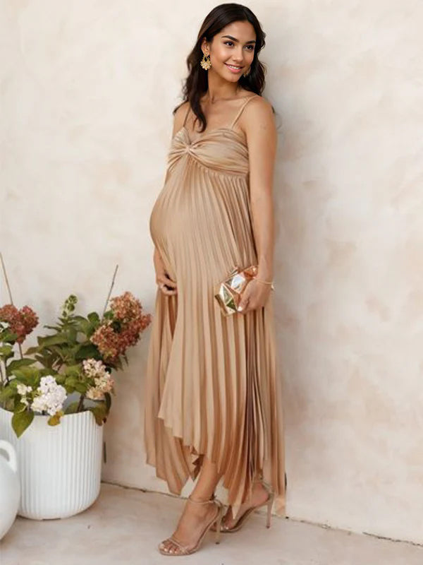 Apricot Pleated Irregular Spaghetti Strap Backless Front Cross Photoshoot Maternity Maxi Dress