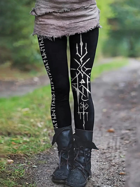 Tribal Viking Text Totem Printed Leggings