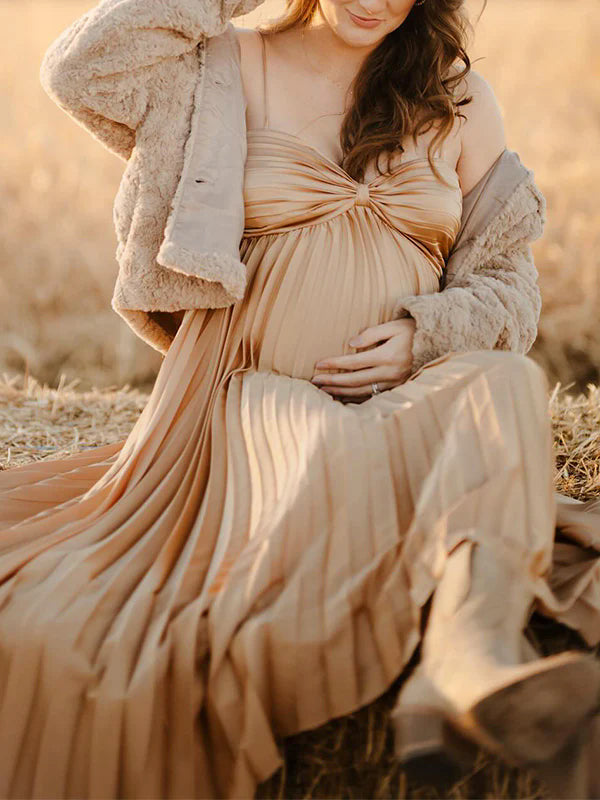 Apricot Pleated Irregular Spaghetti Strap Backless Front Cross Photoshoot Maternity Maxi Dress