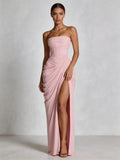 Blush Pink Strapless Ruched High-Slit Maxi Gown with Hidden Pockets