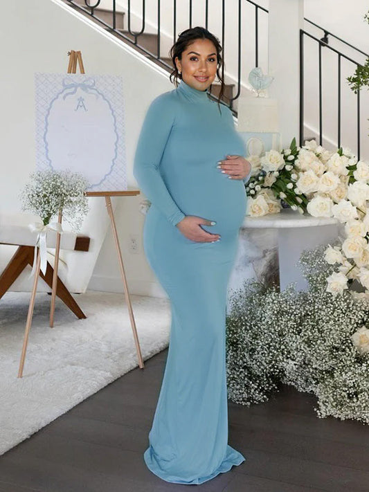 Blue High Neck Long Sleeve Mermaid Elegant Gender Reveal Maternity Photoshoot Baby Shower Maxi Dress