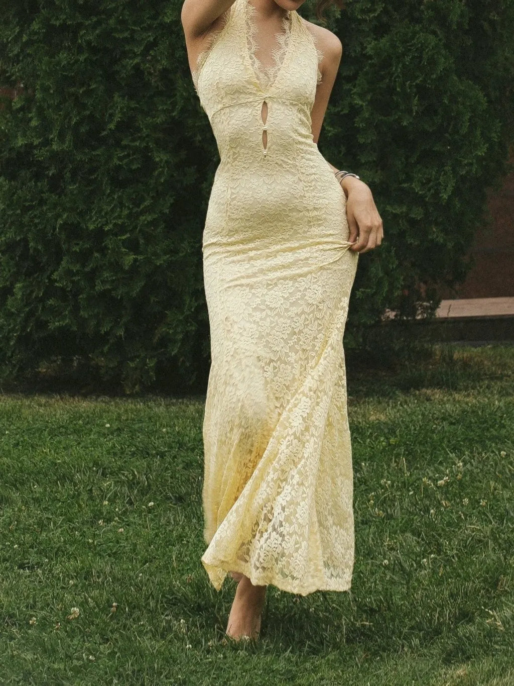 Pale Yellow Halter Lace Cutout Maxi Dress