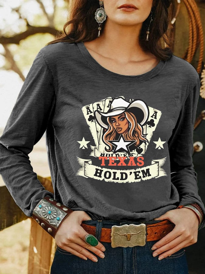 Women's Country Music Texas Hold 'Em Queen B Beyhive Cowgirl Casual Long-Sleeve T-Shirt