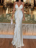Spaghetti Strap Satin Gown With Rosette Detail