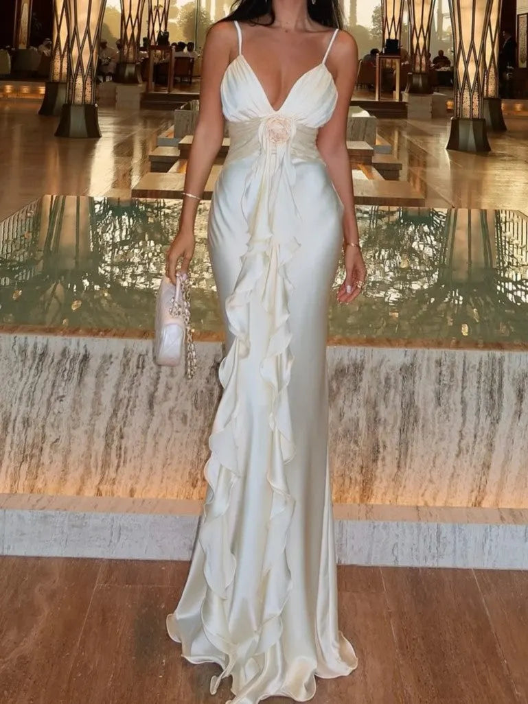 Spaghetti Strap Satin Gown With Rosette Detail