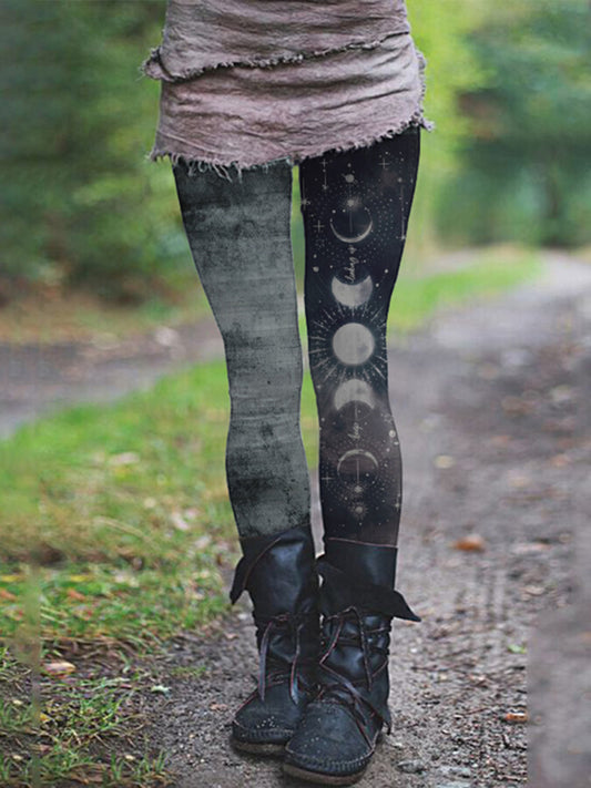 Tribal Moon Phase Bleach Printed Casual Leggings