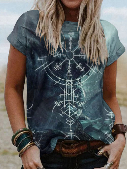 Tribal Viking Totem Print Short-Sleeved T-Shirt