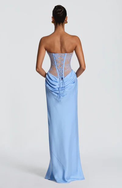 Light Blue Strapless Lace Sheer Corset Lace-Up Backless Draped Satin Mermaid Evening Gown