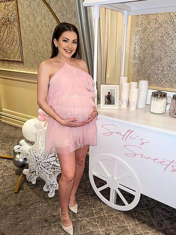 Pink Ruffle Tulle Halter Neck Backless Irregular Babyshower Maternity Midi Dress