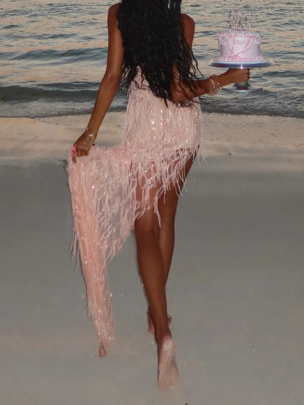 Sheer Beaded Fringe Detail Halter Maxi Dress