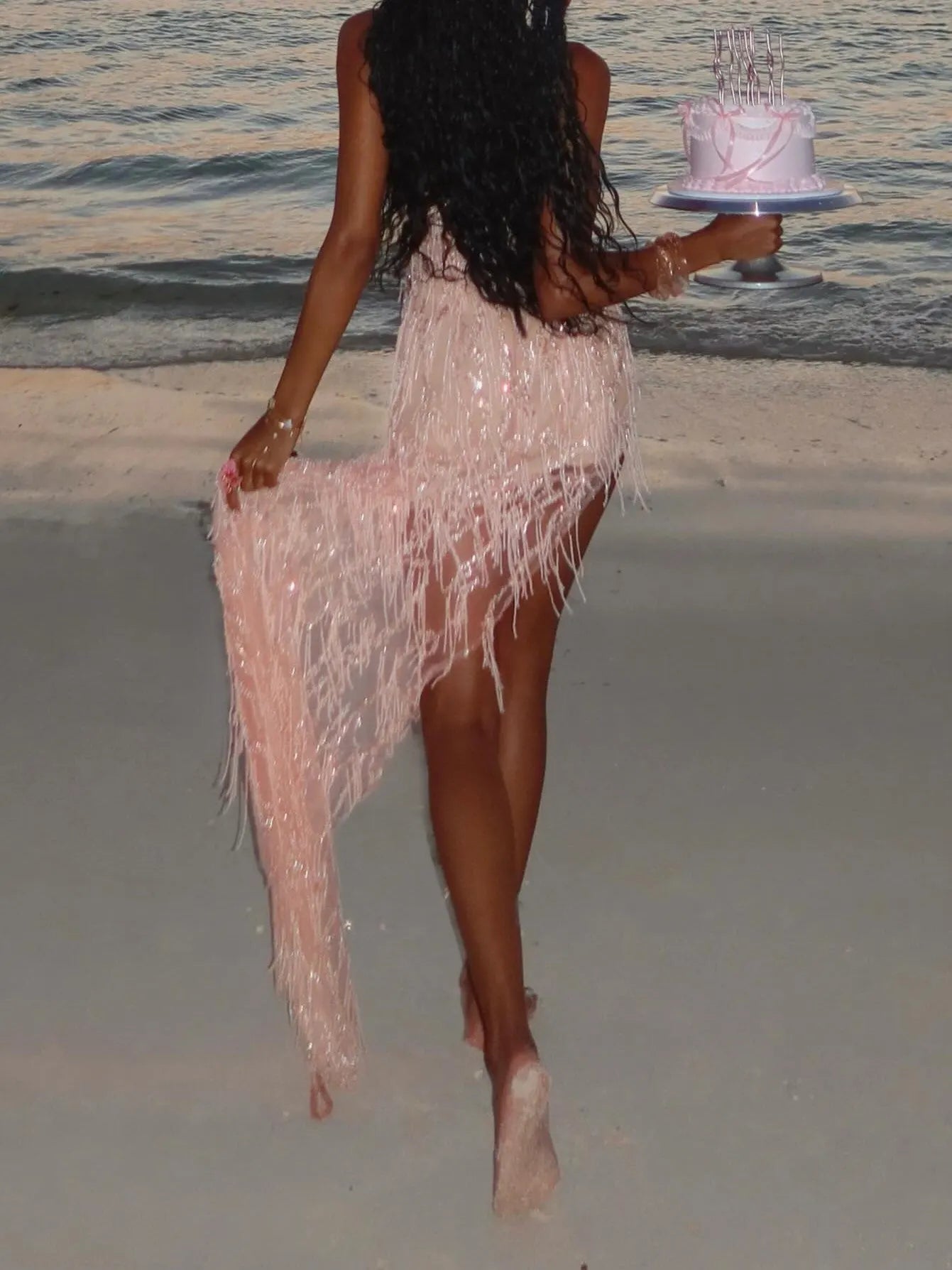 Sheer Beaded Fringe Detail Halter Maxi Dress