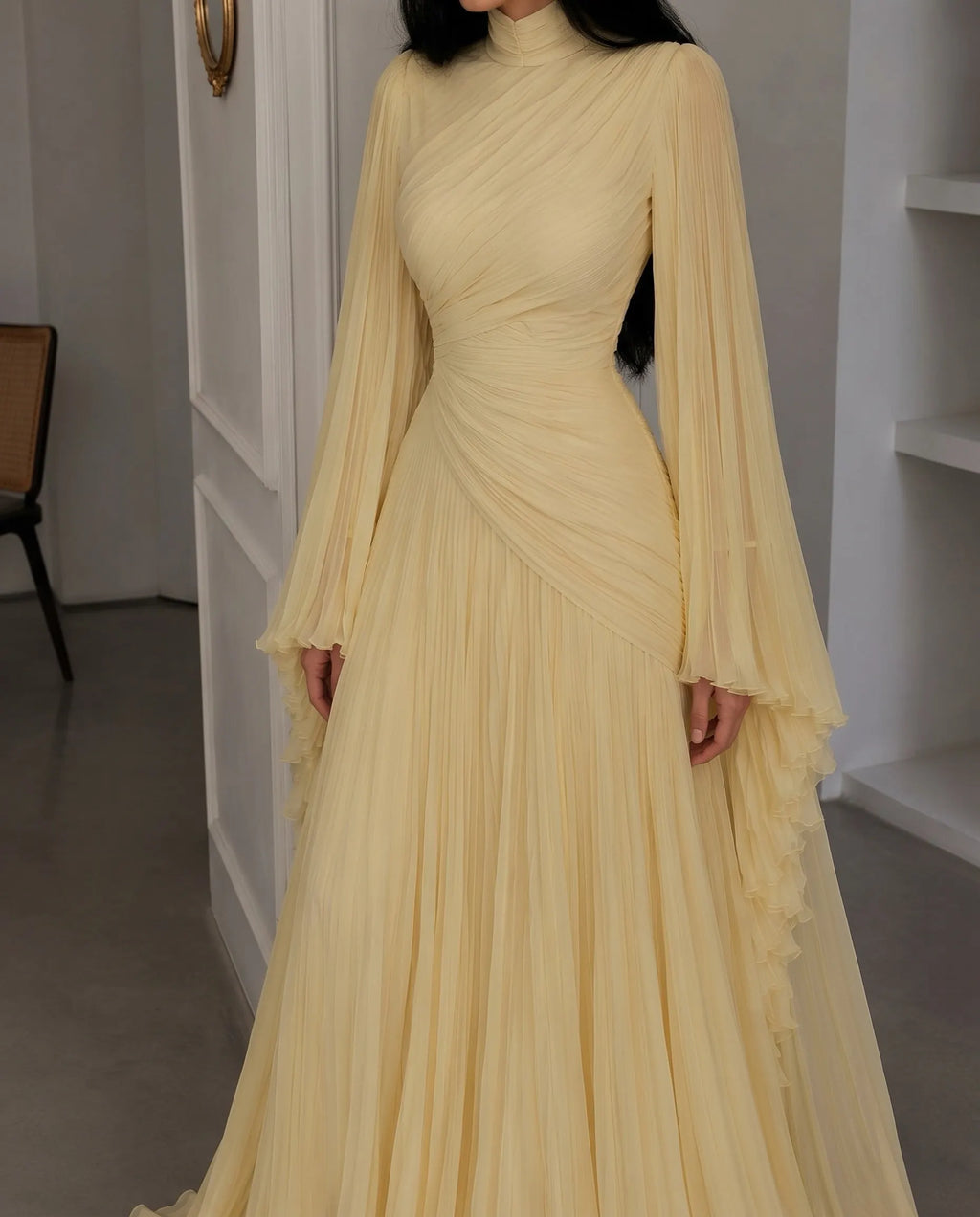High Neck Ruched Pleated Balloon Sleeve Maxi Dress