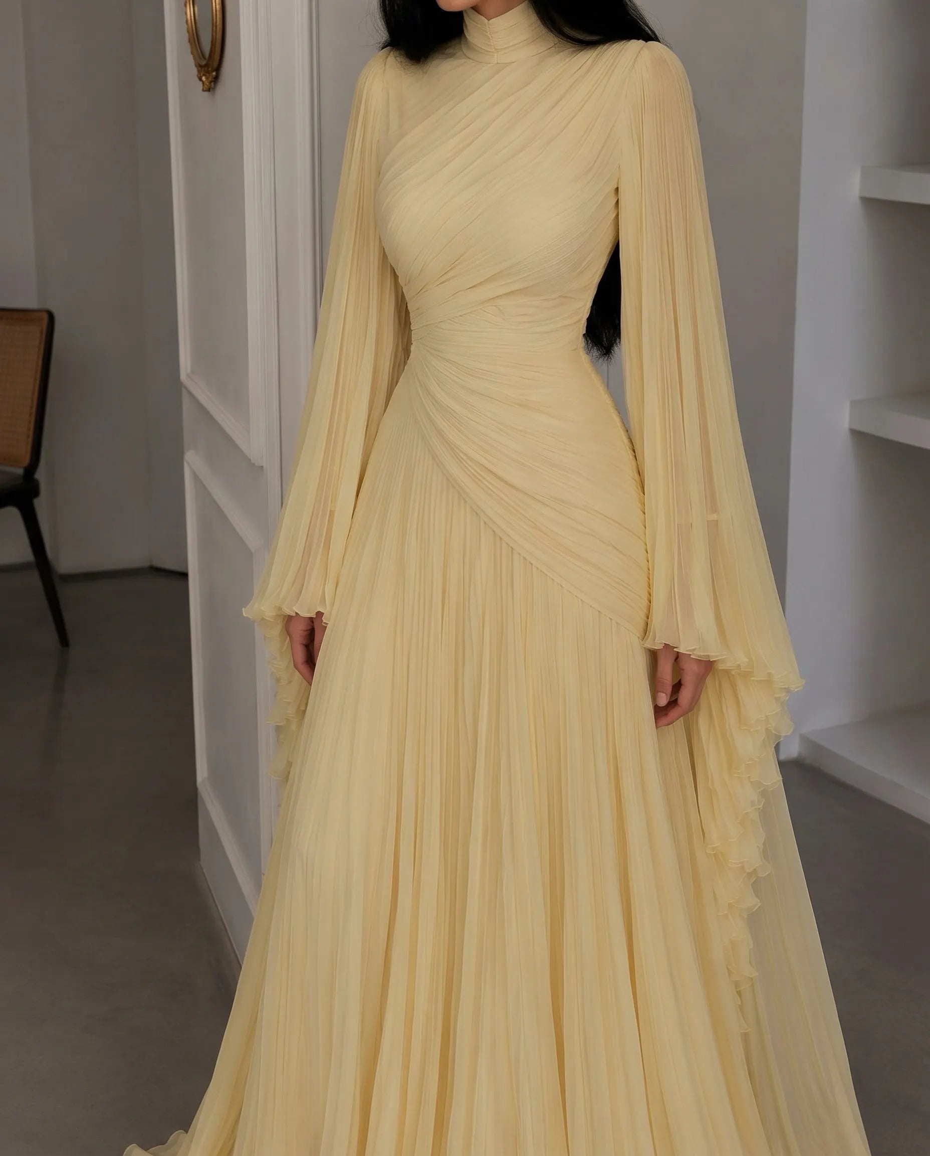 High Neck Ruched Pleated Balloon Sleeve Maxi Dress
